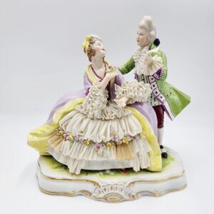 Antique Signed CARL THIEME Dresden Lace Potschappel Figurine Rococo Couple